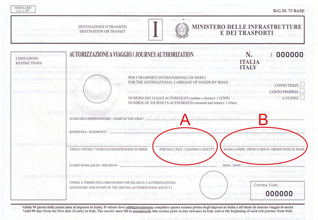Бланк итальянского разрешения: внесение данных по массе 1