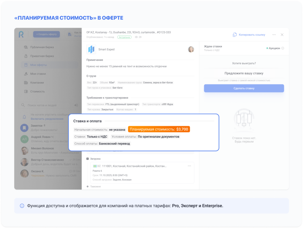 Roolz запускает планируемую стоимость в аукционах для контроля KPI и бюджета 11 - INFOTRANS «Планируемая стоимость» доступна для просмотра только при полном раскрытии оферты и при отключённой настройке приватности.