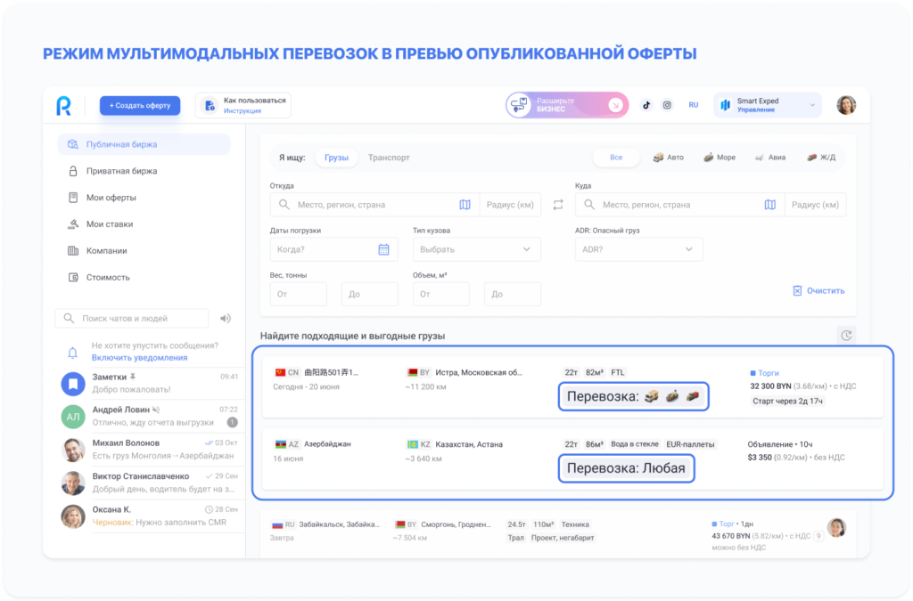 Отображение опубликованных мультимодальных оферт среди всех на платформе Roolz